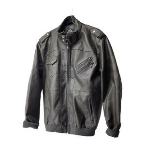 Men's Bomber Outdoor Jacket Faux Leather Black Size Large Multiple Pockets